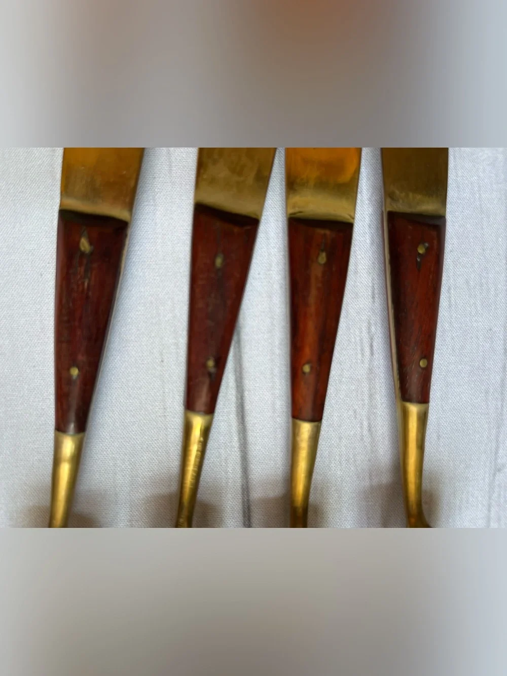 Vintage Siamese/Thai brass & rosewood cocktail appetizer salad dessert fork. 4pc